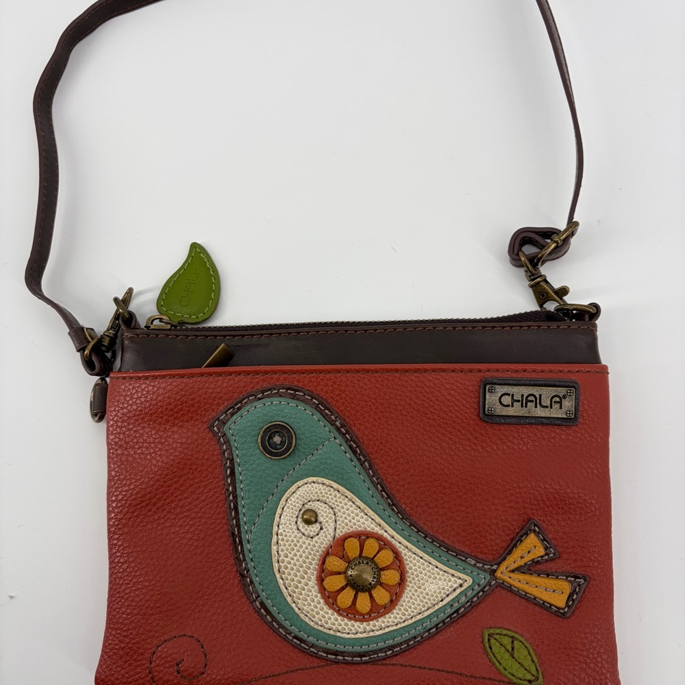 Chala Red and Brown Crossbody Bag with Bird‎ Accent